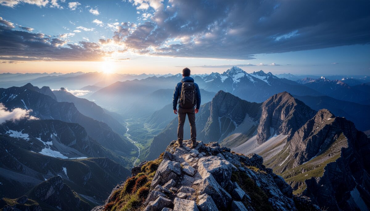 A man standing on a mountain peak looking at the horizon, representing financial clarity and the journey of wealth management.