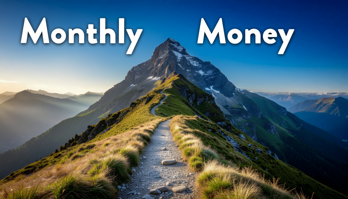 Hyper-realistic wide-angle photo of a winding dirt hiking trail leading toward a snow-capped mountain peak at sunrise. The path is clear and stable, surrounded by alpine wildflowers, symbolizing a professional’s journey to financial clarity and retirement security