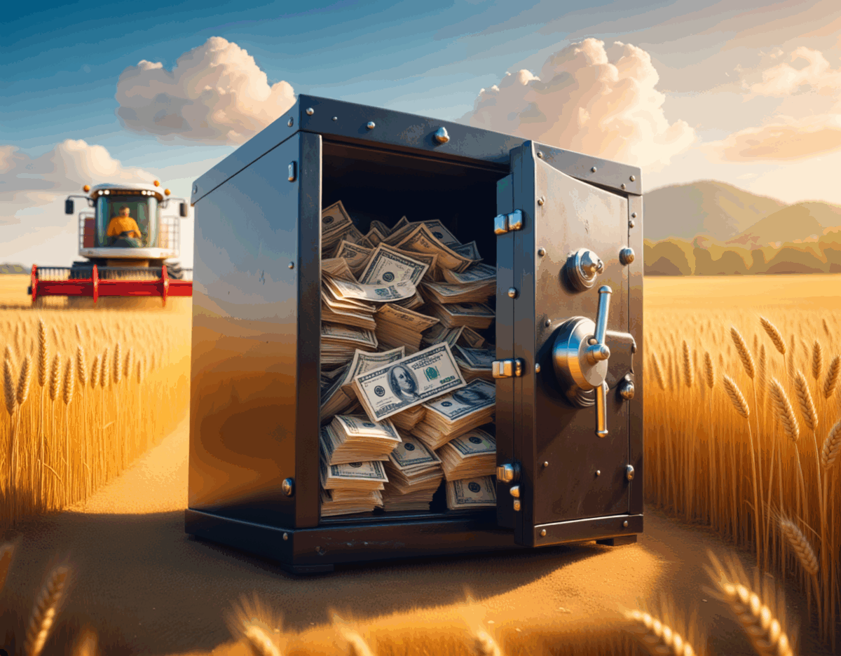 Tax-Loss Harvesting concept art showing a combine harvester in a field behind an open safe filled with money.