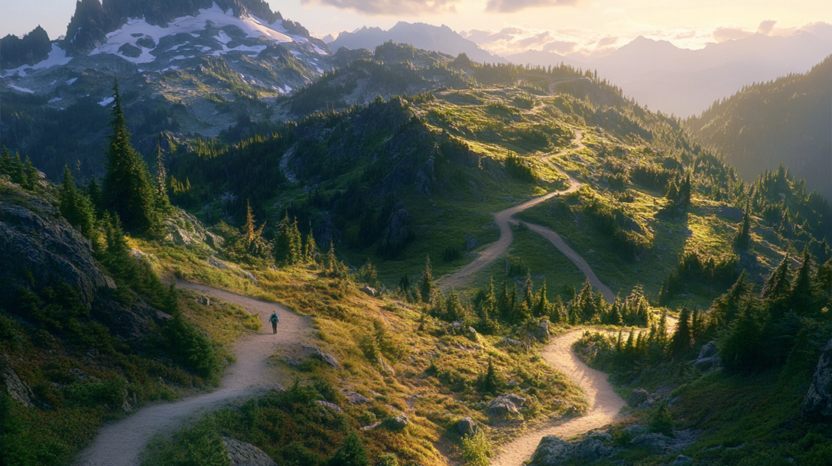 Mountain trail with hiker beginning ascent through switchbacks toward summit, representing the Monthly Money Method's three-step financial journey