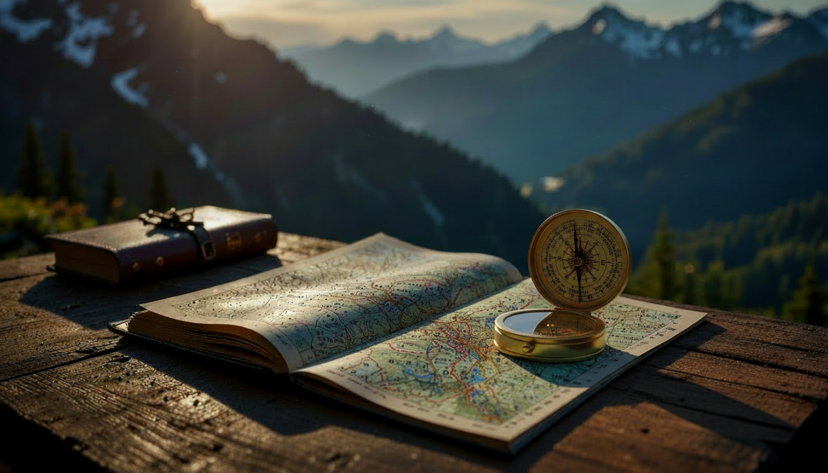 Topographic trail map on wooden table with compass and morning light representing financial planning journey