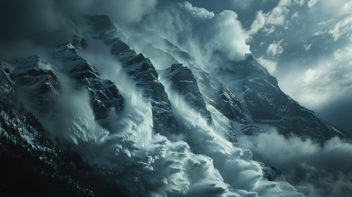 Multiple avalanches cascading down dramatic mountain range representing AI disruption affecting multiple industries simultaneously