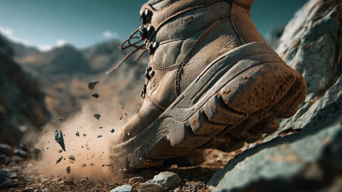 Close up of a worn hiking boot kicking rocks on a rugged mountain trail with dust and debris flying