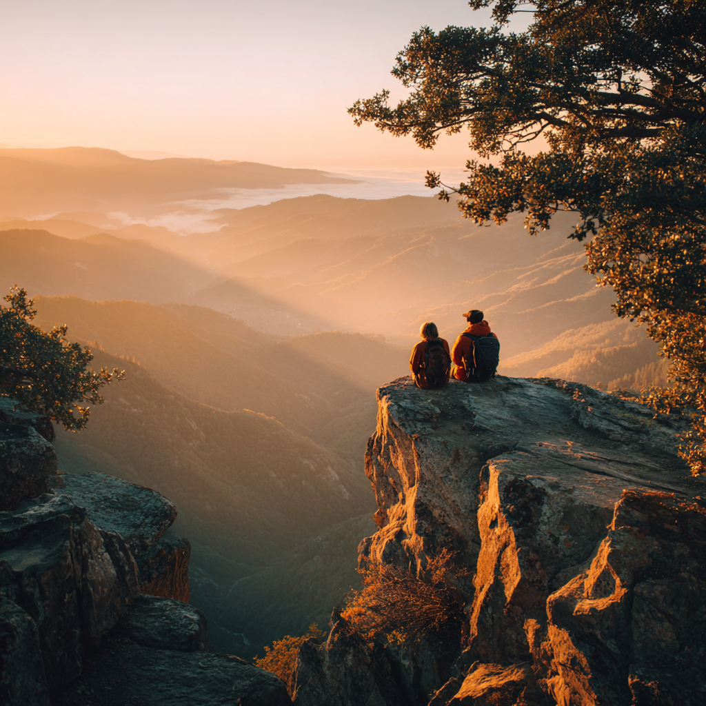 Hiker couple pausing on mountain ledge to take in the panoramic view representing the importance of Fun Money in your financial journey