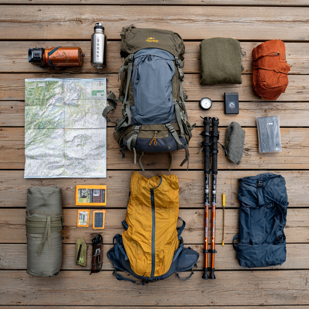 Hiking backpack contents spread out on table representing financial review and organization during tax season