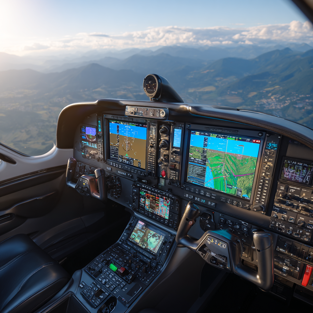 Modern aircraft cockpit with autopilot control panel and mountain view