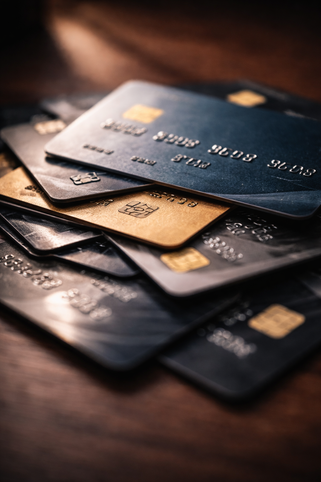 Credit cards on wooden table representing high interest debt problem