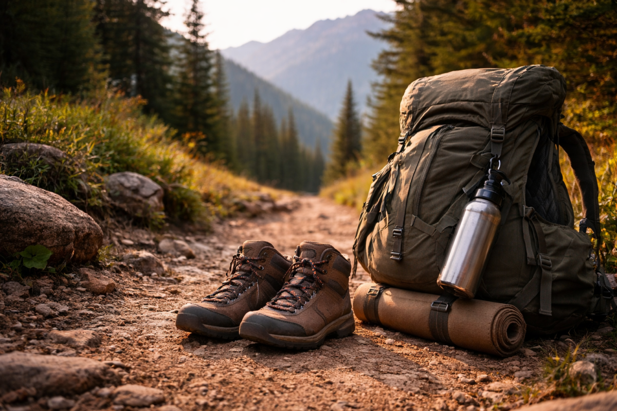 Hiking boots and backpack at base of mountain trail ready to begin climb