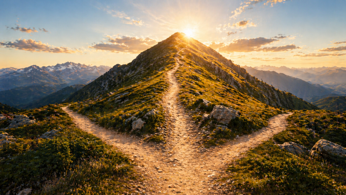 Three mountain trails converging into one clear path leading to a glowing summit at golden hour representing the choice between mutual funds ETFs and individual stocks