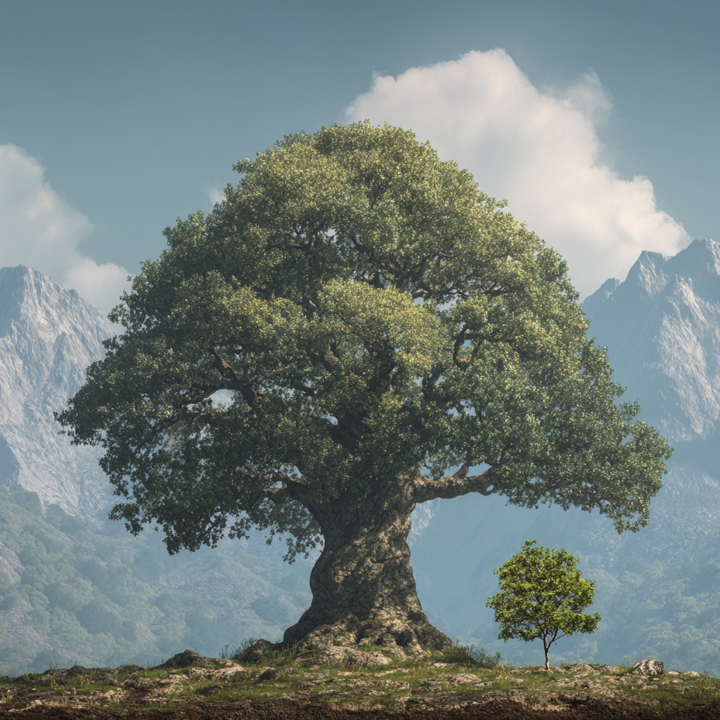 Ancient oak tree next to young sapling showing compound growth over time with mountain backdrop