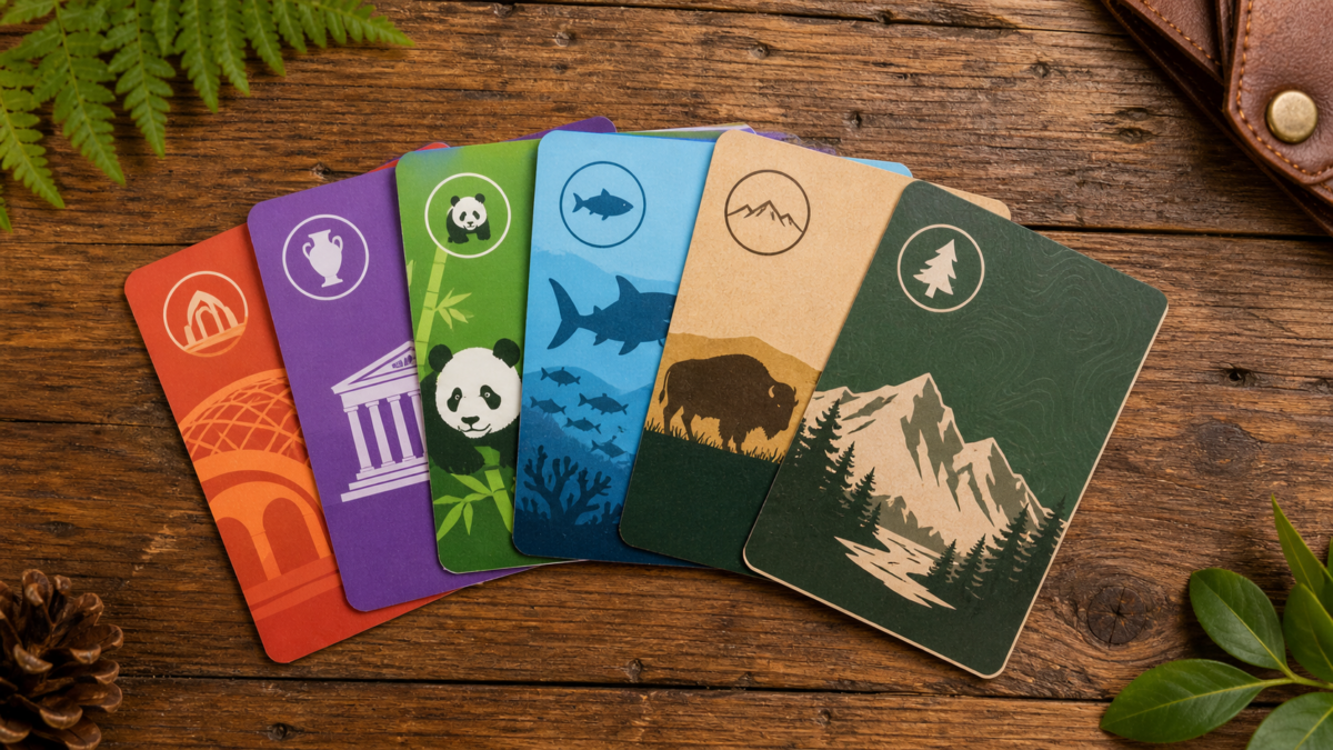 A flat lay of colorful membership and annual pass cards fanned out on a wooden surface