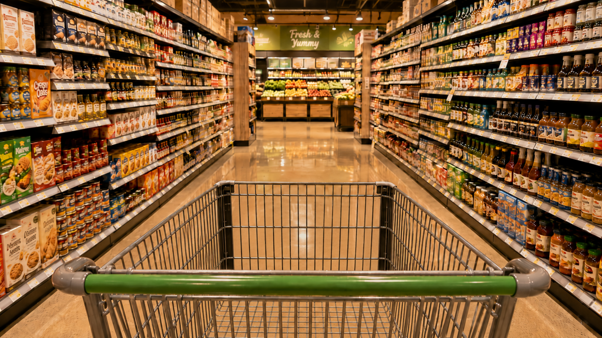 Empty shopping cart in a bright grocery store aisle ready for smart shopping