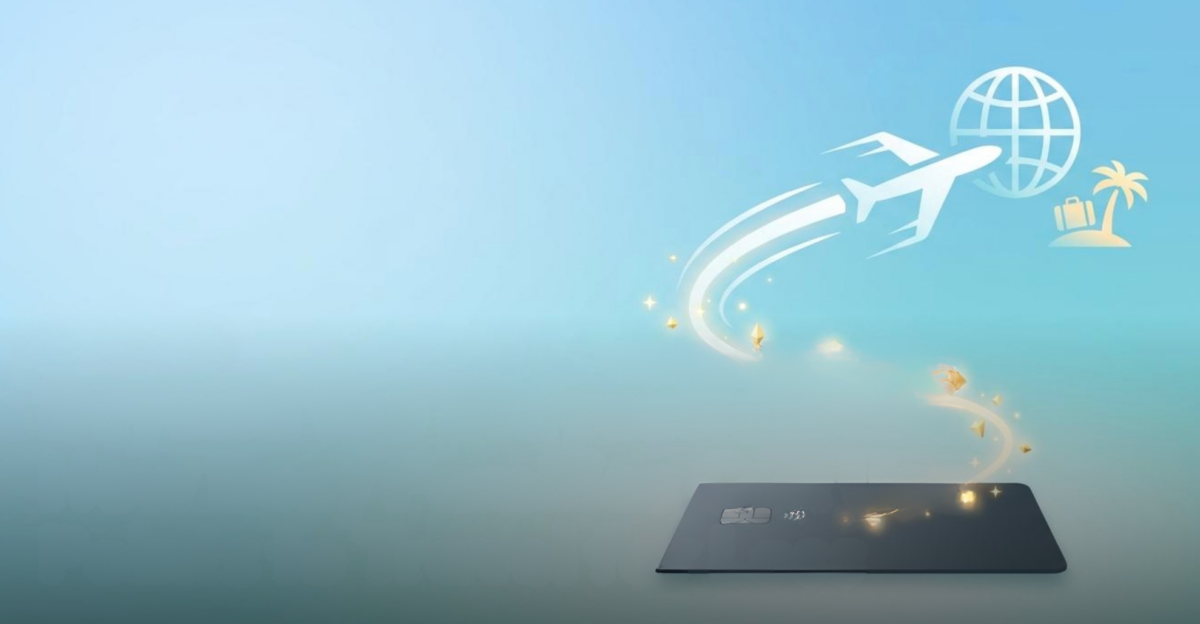 Credit card with a glowing airplane and globe representing travel rewards points