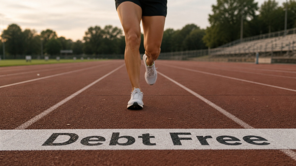 Runner's legs approaching a "Debt Free" finish line on a running track