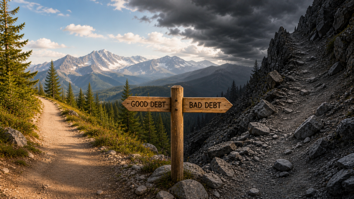 Trail marker post with signs for good debt and bad debt, showing a clear safe path versus a steep dangerous rocky path
