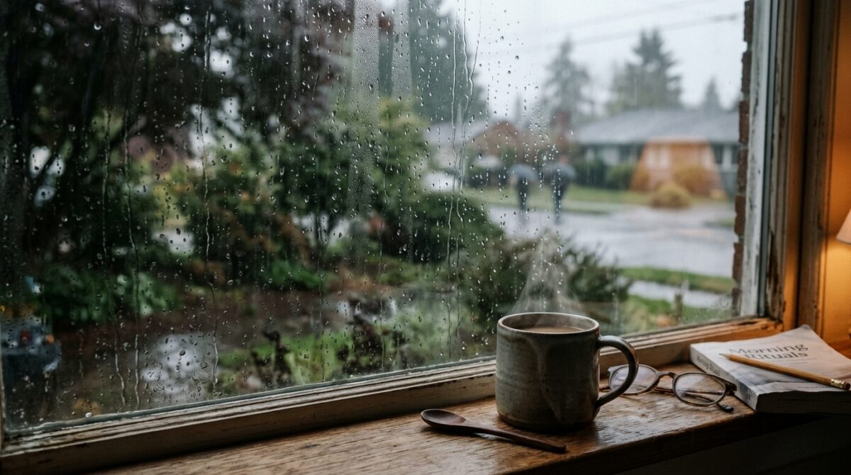 Rain-streaked window with a steaming coffee mug on the sill overlooking a rainy backyard