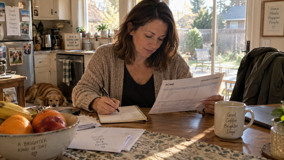 Woman reviewing a pay stub and writing in a notebook at her kitchen table with coffee, tracking her household income