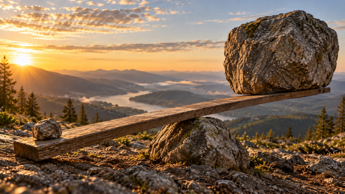 A small stone on one end of a wooden lever lifting a massive boulder on the other end, representing how leverage lets a small amount of money control a much larger asset