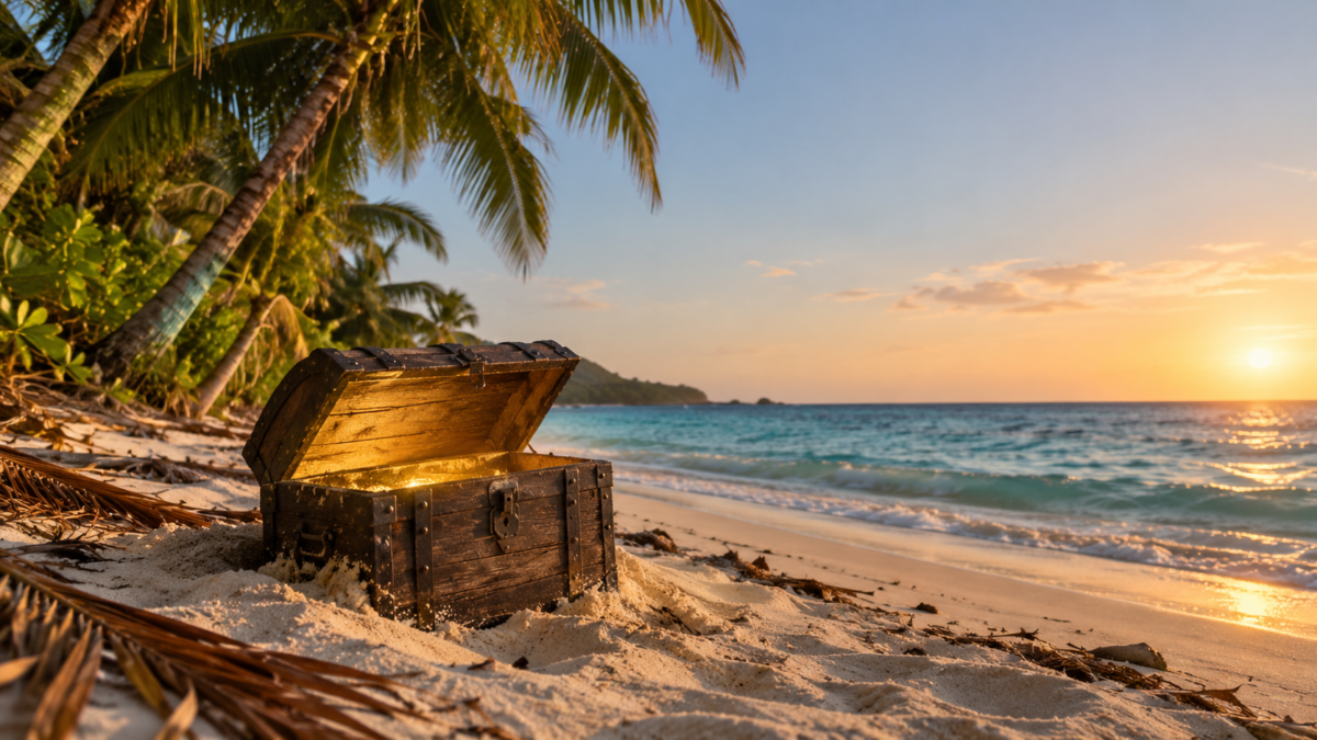 Open treasure chest glowing on a sunny beach beside palm trees, picturing the free money hiding in your benefits